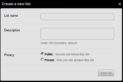 Create a new list pop up Create a new list pop up